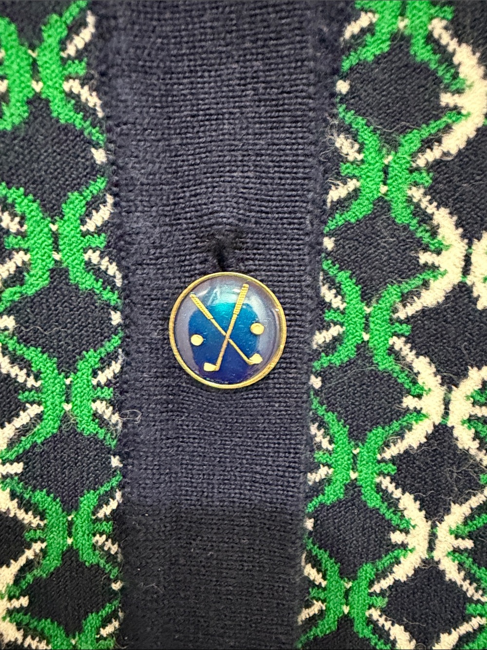 Tory Sport Navy Cardigan with Green & White Geometric Front - Picture 4 of 7